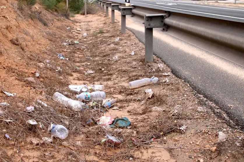 Botellas plástico en una cuneta