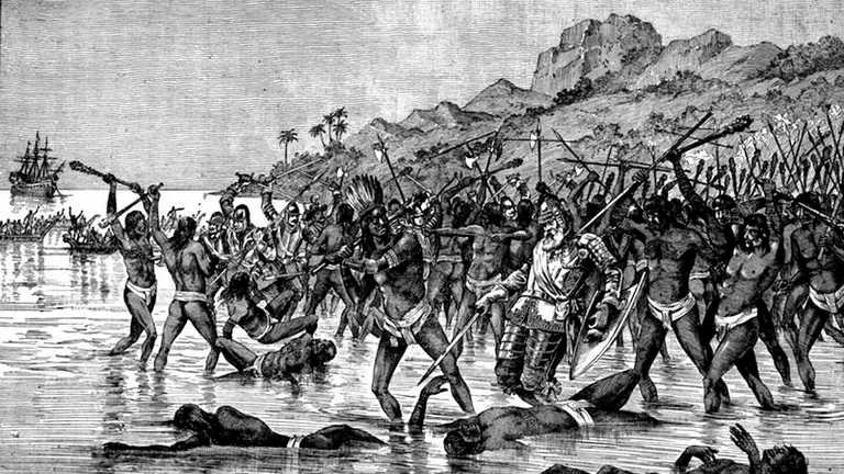 Grabado Muerte de Fernando de Magallanes en la isla de Mact&aacute;n en las Filipinas el 27 de abril de 1521 copia
