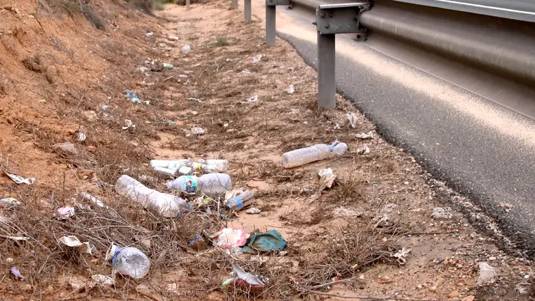 Botellas pl&aacute;stico en una cuneta
