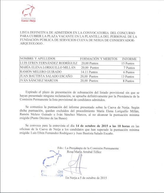 Lista Definitiva Concurso Conservador Museo Cuevas Nerja