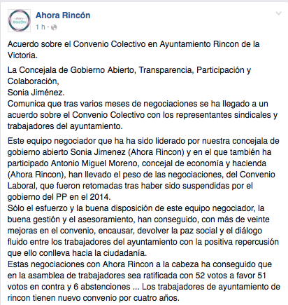 Comunicado Ahora Rincón - Acuerdo Sindicatos