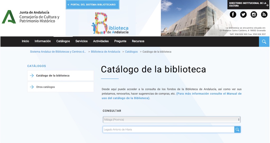 Pantalla web Biblioteca Andalucia Consulta legado Hilaria